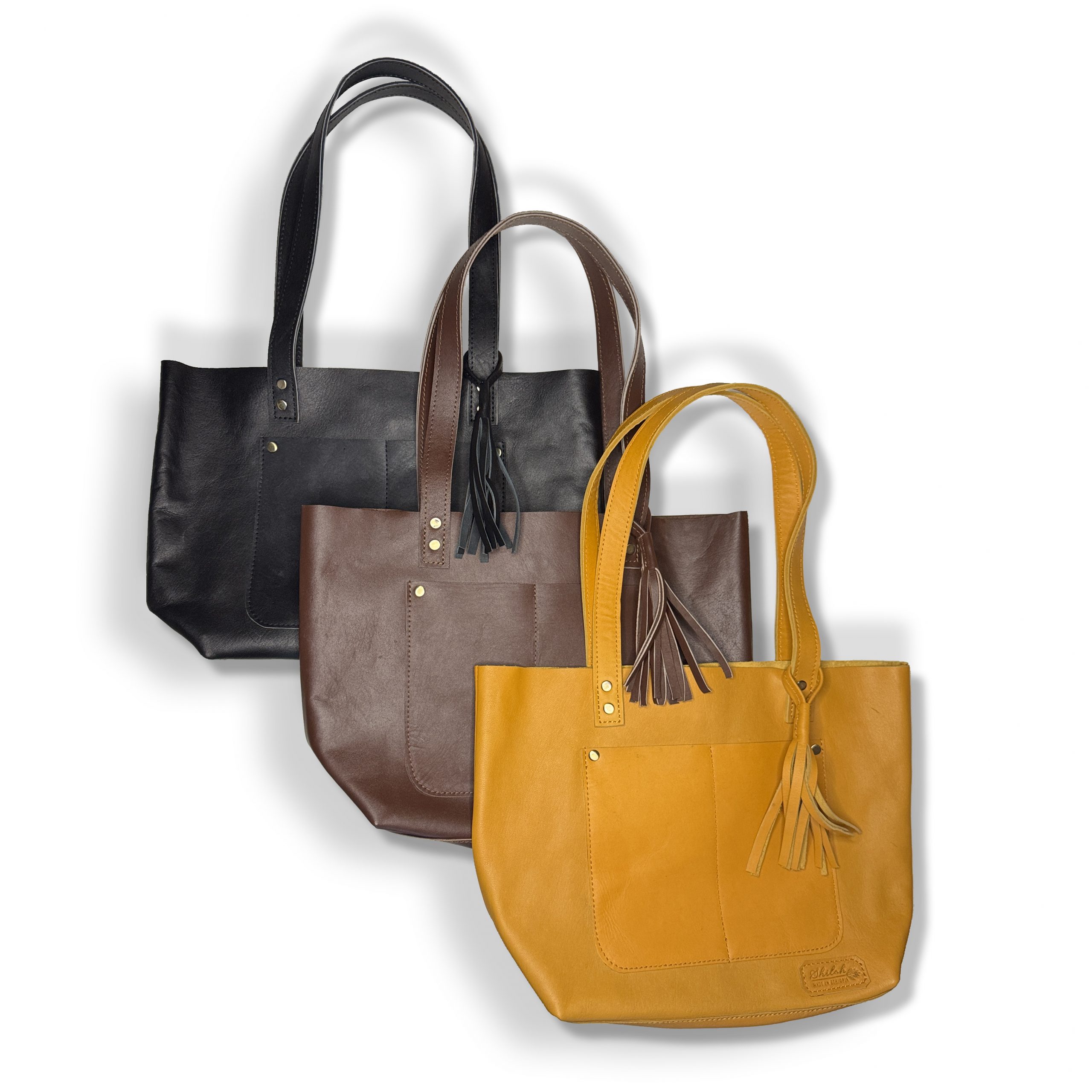 Mary Classic standard leather tote in midnight, espresso, and camel